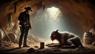 Jake coloca comida dentro de una cueva para un Chupacabra herido, mostrando compasión. La suave luz ambienta una escena emocional.