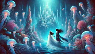 Sigrún y Alrek nadan a través de un luminoso reino submarino repleto de medusas brillantes, torres de coral y peces que destellan.