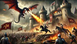 Valmar, el dragón, lanza fuego sobre los mercenarios que avanzan, mientras Lady Ivana guía a sus soldados a la batalla en las afueras del Castillo de Trsat.