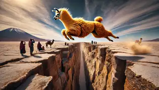 Inti, la llama dorada, salta en el aire sobre la Grieta del Diablo, su cuerpo completamente extendido mientras los aldeanos lo observan con asombro en el Salar de Uyuni.