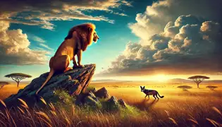 Un león se sienta en lo alto de un saliente rocoso, mirando a lo lejos con aceptación, mientras que el chacal desaparece en la sabana.