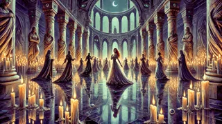 La princesa Dahut, con una máscara de perlas, baila en un suntuoso baile en Ys, mientras las sombras parpadean sobre el suelo de mármol iluminado por velas.
