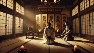 El señor Asano se prepara para el seppuku en una cámara solemne de Edo.