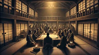 Ronin se reúnen a la luz de las velas en una posada secreta de Edo para tramar su venganza.