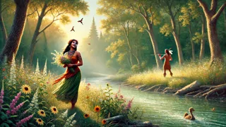 Minnehaha recogiendo flores silvestres junto a un río mientras Hiawatha se acerca