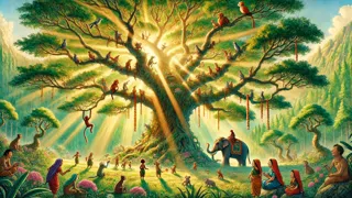 El gran árbol, crecido alto y fuerte, alberga a animales y aldeanos en el bosque del Himalaya.