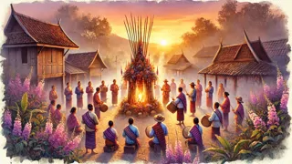 Villagers dressed in colorful sarongs gather around a bamboo shrine, invoking Phi Fa.