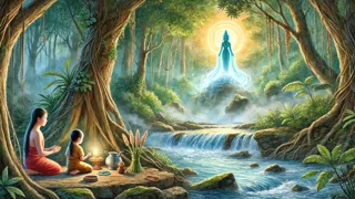 Young girl kneels before the luminous spirit of Phi Fa at a hidden waterfall in the forest.