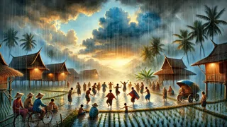 Villagers dance joyfully in rain as clouds gather above, blessing from Phi Fa.
