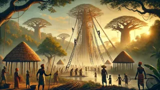 Aldeanos construyendo una escalera gigante con enredaderas que asciende hacia el cielo.