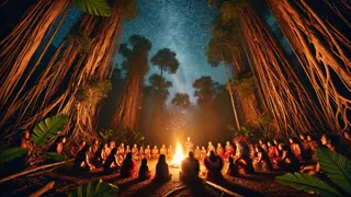 Una tribu indígena reunida alrededor de una hoguera compartiendo relatos del Mapinguari bajo el cielo estrellado de la Amazonía.