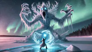 Uma batalha mágica se desenrola em um lago congelado enquanto uma jovem enfrenta um imponente Espectro de Gelo, controlando a neve que gira ao seu redor com sua dança.