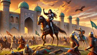 La princesa Gulnor guía a sus tropas a la batalla fuera de las murallas de Samarcanda al atardecer, señalando una emboscada.