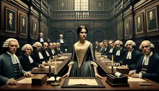 La dama Elise se presenta ante los funcionarios del consejo holandés en una sala del siglo XVIII mientras la condenan a ser borrada de la historia.