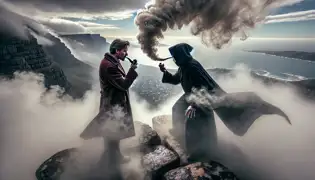 Jan Van Hunks y una figura encapuchada se enfrentaron en un concurso de fumar en el Pico del Diablo, rodeados de densos y espirales de humo.