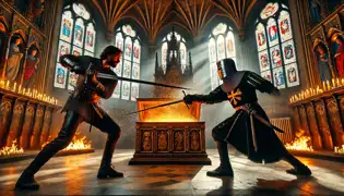 O cavaleiro Matej enfrenta um traidor mascarado dentro da capela do Castelo de Karlštejn, enquanto faíscas voam devido ao choque de suas espadas perto das Joias da Coroa.