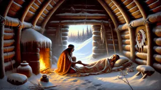 Hiawatha al lado de Minnehaha en una cabaña nevada mientras ella lucha contra la enfermedad.