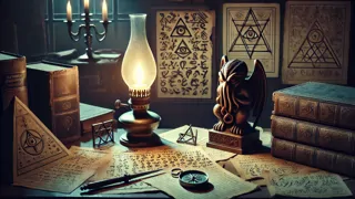 El estudio de un erudito iluminado por la luz de una vela, repleto de reliquias malditas y manuscritos prohibidos.