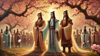 Liu Bei, Guan Yu und Zhang Fei, die im Pfirsichgarten den Bruderbund schwören