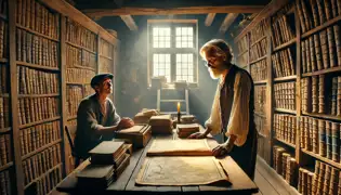 Una biblioteca débilmente iluminada en Giethoorn, donde Pieter examina un antiguo mapa bajo la atenta mirada de un anciano bibliotecario.