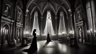 Cámara gótica iluminada por velas, con muebles ornamentados y una figura en sombras