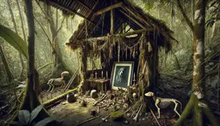 Una choza en medio de la jungla cubierta de vegetación, con un altar de huesos, velas y una foto descolorida de un perro negro.