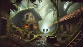 Una aldea abandonada, cubierta de enredaderas, cuyas casas permanecen inquietantemente intactas, con la niebla deslizándose entre las ruinas y las puertas entreabiertas.