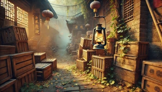 Callejón secreto en la antigua China que revela una linterna polvorienta y ornamentada entre varias cajas