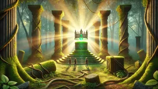 Ruinas cubiertas de musgo en un bosque, con una corona luminosa sobre un pedestal de piedra