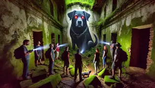 Una ruina de una misión jesuita con un mural de un perro negro, mientras el grupo de Rosa observa asombrado con linternas en la cámara.