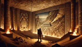 Una cámara subterránea con murales antiguos que representan la destructiva erupción de Ubari, donde un arqueólogo se encuentra maravillado.