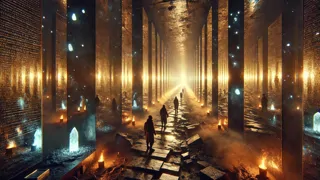 Exploradores enfrentándose a un pasillo fragmentado y de espejos, iluminado por antorchas, en un laberinto desértico.
