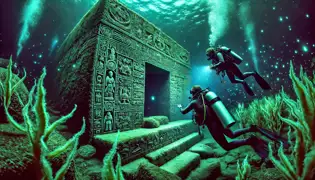 Scène sous-marine montrant un ancien temple sous le lac Titicaca, illuminé par des algues bioluminescentes.