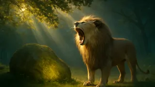 Un majestuoso león y yaciendo y bosteza y se queda dormido cerca de la rocosa musgosa luminosa en el bosque de Ghana.