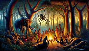 Anansi brandiendo un hilo de seda brillante ante un jabalí en un cielo estrellado, mientras su descendencia observa.