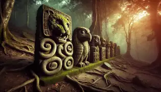 En la selva, esculturas de piedra cubiertas de musgo representan jaguares, serpientes y búhos, iluminadas por la luz tenue y misteriosa del sol poniente.