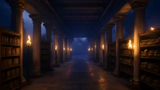 Dentro de un templo de mármol, pasillos adornados con rollos decorativos que brillan bajo la luz de las antorchas