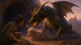 El aprendiz de zapatero, Skuba, se esconde mientras el dragón devora una oveja señuelo rellena de azufre.
