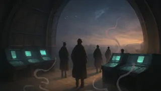 Una última cinta de papel que lleva los últimos nombres divinos, emergiendo de una impresora de mainframe con la luz del amanecer.