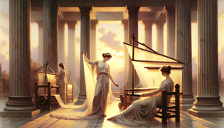 Arachne y Atenea sentadas en telares gemelos en un antiguo patio, con hilos que brillan bajo la luz de la tarde.