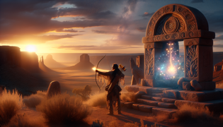 Makasi releases a glowing arrow at dawn beneath a mystical stone altar