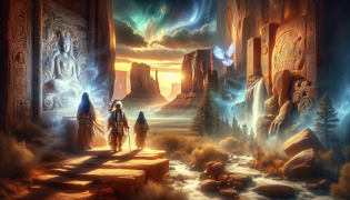 Makasi and Sani at the entrance of a sacred canyon with ancient symbols on the rock