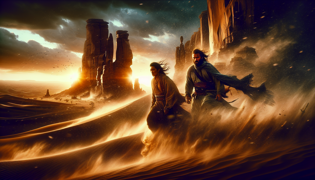 Makasi and Sani braving a fierce desert storm among towering rock formations