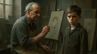 Bragolin pintando a un niño afligido en su estudio de arte débilmente iluminado