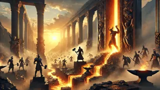 Piramide de obsidiana destrozada colapsando en un resplandor de vidrio fundido y carbones ardientes