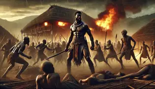 Una feroz batalla estalla en Ndiogoro al amanecer, mientras Obinna lucha valientemente, y Ikenga, atado con cuerdas, espera el juicio de los ancianos.