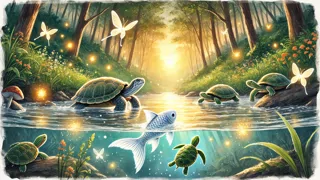 Luna compartiendo el agua con luciérnagas brillantes y tortugas amables en un arroyo del bosque.