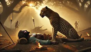 Tunde, herido, yace cerca del campo de batalla mientras el leopardo se erige sobre él, victorioso y protector.