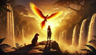 Al amanecer, Valeria y Tukupa se encuentran frente a las Cataratas del Ángel, con el Ave Fénix posada en lo alto, cuyas plumas radiantes brillan con los primeros rayos del sol.