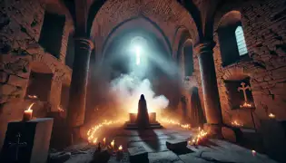 Erik e Ingrid realizan un ritual en la cámara oculta, liberando espíritus atrapados mientras la luz inunda las antiguas ruinas.